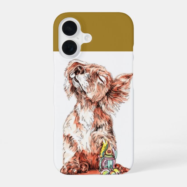 Sweet Happy Dog Art Sketch Graphic Protective iPhone 16 Case (Back)