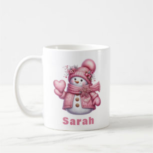 Sweet Heart Holding Pink Snowman Christmas Coffee Mug