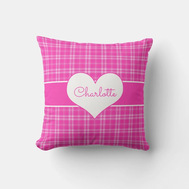 Sweet Heart Pink Plaid Monogram Cushion (Front)