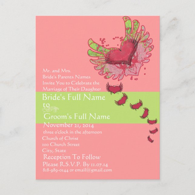 Sweet Heart Raspberry & Lime Wedding Invitation (Front)