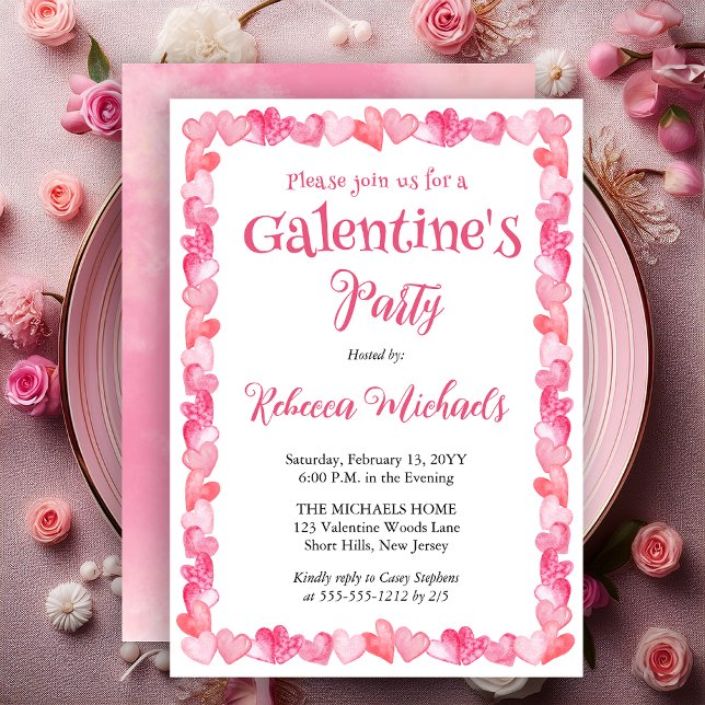 Sweet Hearts Frame Galentine's Day Party Invitation (Sweet Hearts Frame Galentine’s Party Invitation | Pink Watercolor Valentine Invite - Print Digital)