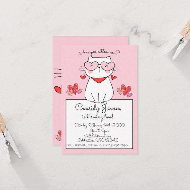 Sweet Hearts Kitten, Are You Kitten Me Birthday Invitation (Front/Back In Situ)