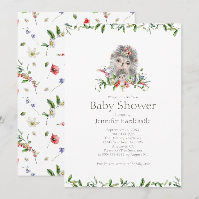Sweet Hedgehog Watercolor Floral Baby Shower Invitation (Front/Back)
