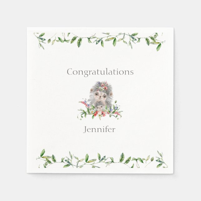 Sweet Hedgehog Watercolor Floral Baby Shower Napkin (Front)
