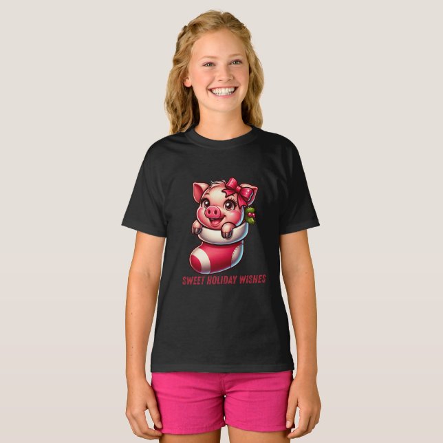 Sweet Holiday Piglet in Stocking T-Shirt (Front Full)