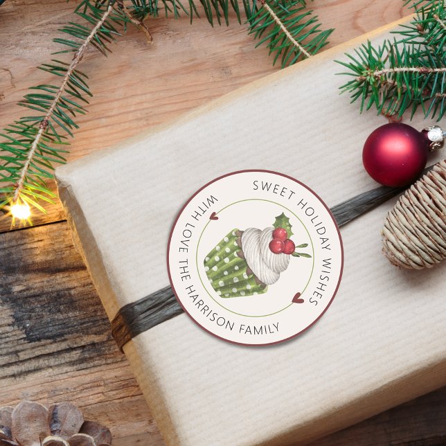 Sweet Holiday Wishes Cupcake Personalised Classic Round Sticker (Sweet Holiday Wishes Cupcake Personalized Classic Round Sticker)