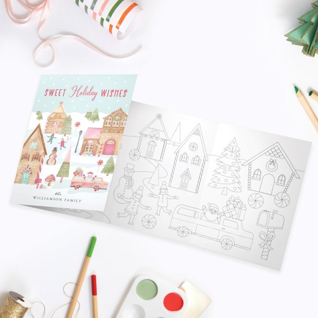 Sweet Holiday Wishes Gingerbread Town Fun Colourin Tri-Fold Holiday Card (Creator Uploaded)