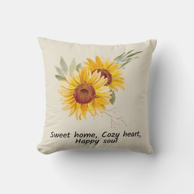 Sweet Home, Cosy Heart With Sunflower Throw Pillow (Front)