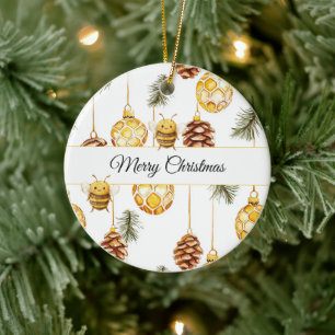 Sweet Honey Bees Pine Cones Ceramic Tree Decoration
