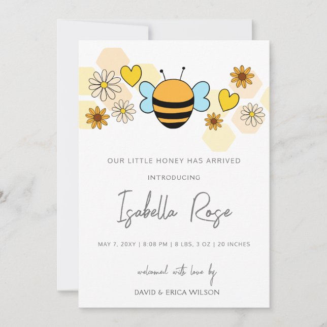 Sweet Honey Cute New Baby Photo Birth Announcement (Front)