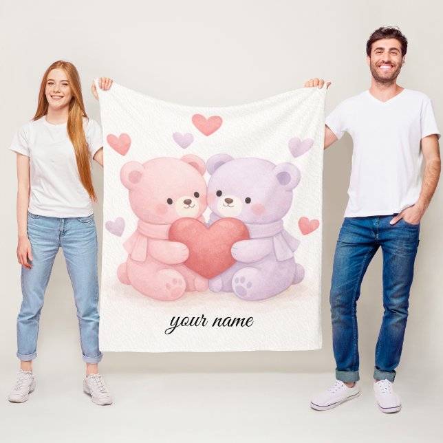 Sweet Hugs & Hearts: Soft Watercolor Cuddling Bear Fleece Blanket (Creator Uploaded)
