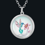 Sweet Hummingbird and Flower Crystal Art Print Silver Plated Necklace<br><div class="desc">Elegant hummingbird and flower design.</div>