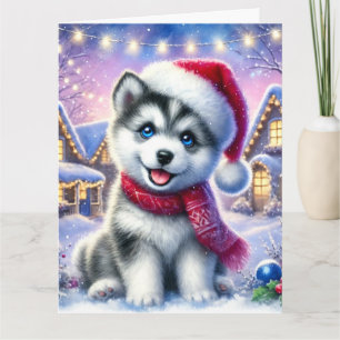 Sweet Husky Puppy in Christmas Village Card