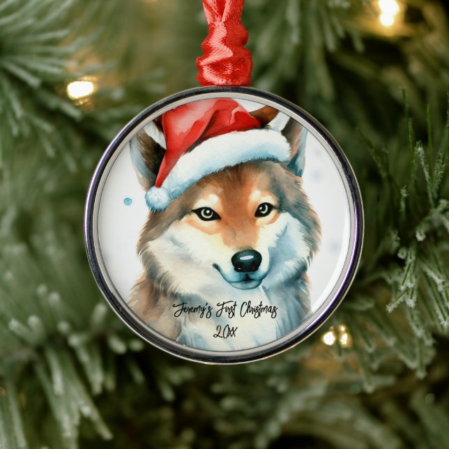 Sweet Husky Puppy in Snow First Christmas Metal Tree Decoration (Tree)