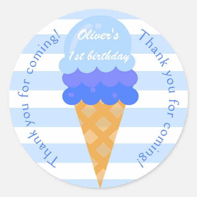 Sweet ice cream 1st birthday party blue boy classic round sticker (Front)