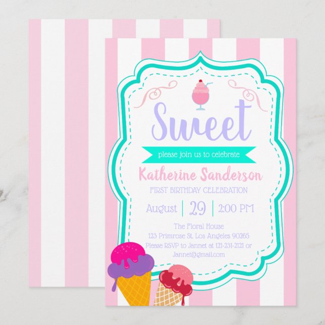 Sweet Ice-Cream Baby Sprinkle Candy shop Birthday Invitation (Front/Back)
