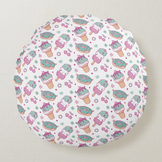Sweet Ice Cream & Doughnuts Pattern Round Cushion (Front)