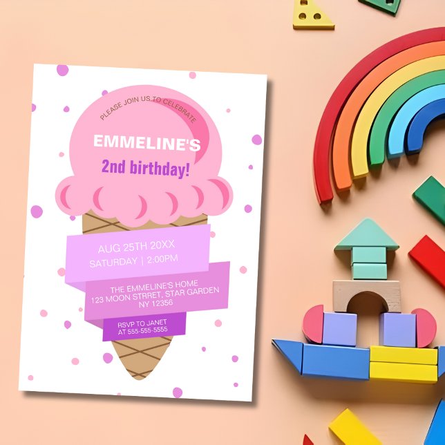 Sweet Ice Cream Pink Purple Birthday Invitation (Creator Uploaded)