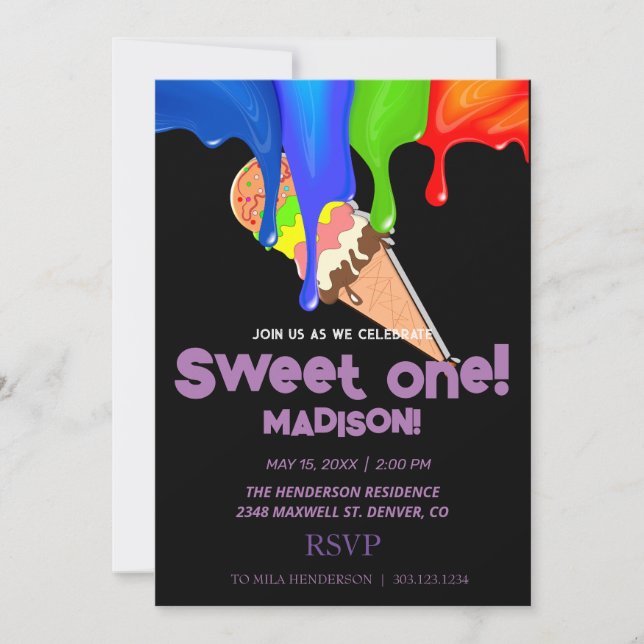 Sweet ICE CREAM rainbow colours,  Invitation (Front)