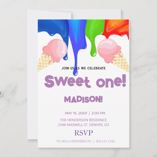 Sweet ICE CREAM rainbow colours,  Invitation (Front)