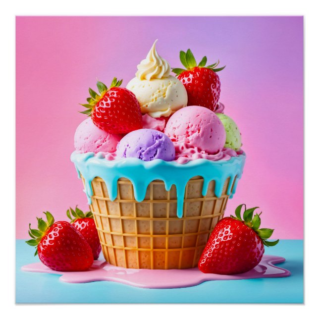 Sweet ice cream with strawberries Glossy Poster (Front)