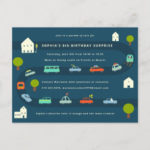 Sweet Illustrated Car Birthday Parade Invitation Postcard