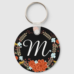 Sweet Illustrated Flower & Laurel Wreath Monogram Key Ring