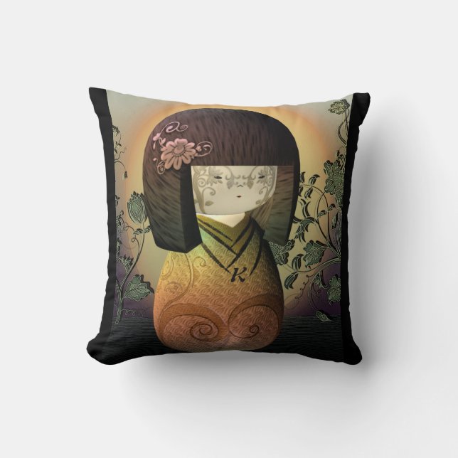 Sweet Japanese Kokeshi Doll Personalised Monogram Cushion (Front)