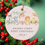 Sweet Jungle Photo Baby's First Christmas Ornament<br><div class="desc">Cute baby's first Christmas ornament the sweetest little jungle animals set on a pink damask background.</div>