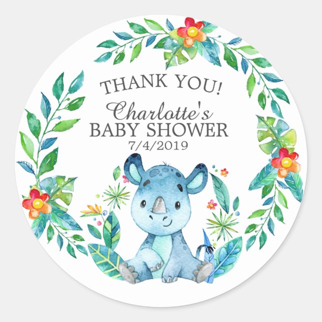 Sweet Jungle Rhino Baby Shower Thank You Favour Classic Round Sticker (Front)