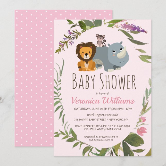 Sweet Jungle Safari Animals Pink Girl Baby Shower Invitation (Front/Back)