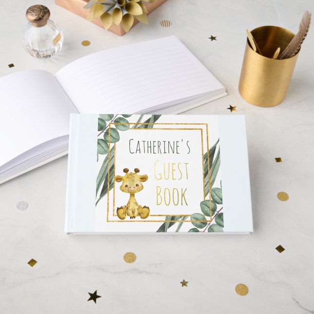 Sweet Jungle Safari Giraffe Botanical Baby Shower Guest Book (Front Open)