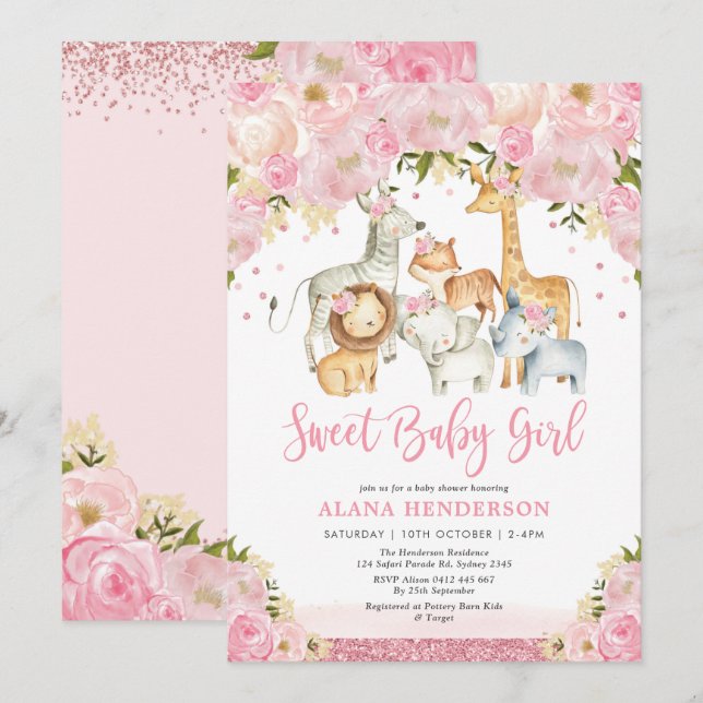 Sweet Jungle Safari Wild Animals Girl Baby Shower Invitation (Front/Back)