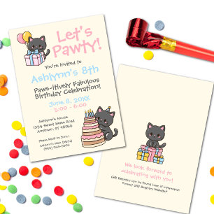 Sweet Kawaii Black Cat Birthday Party Invitation