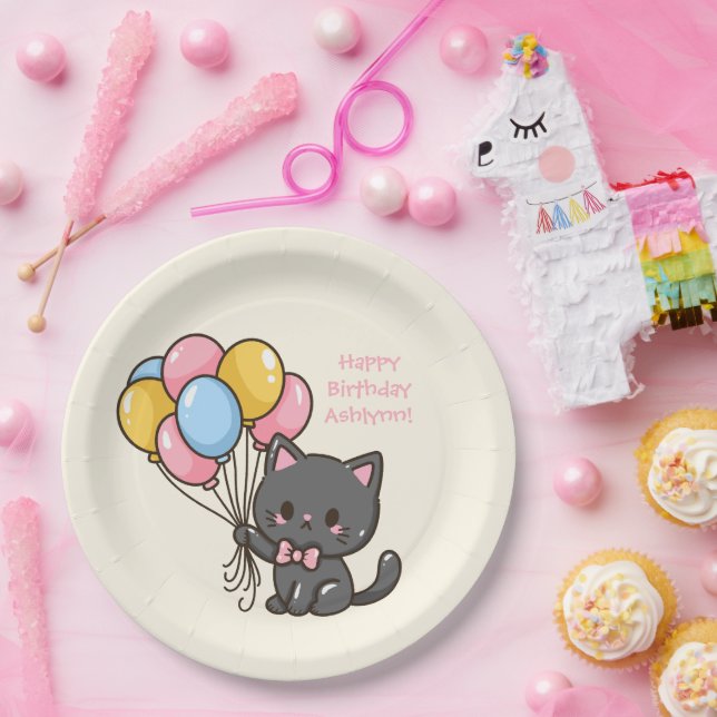 Sweet Kawaii Black Cat Birthday Party Paper Plate (Party)