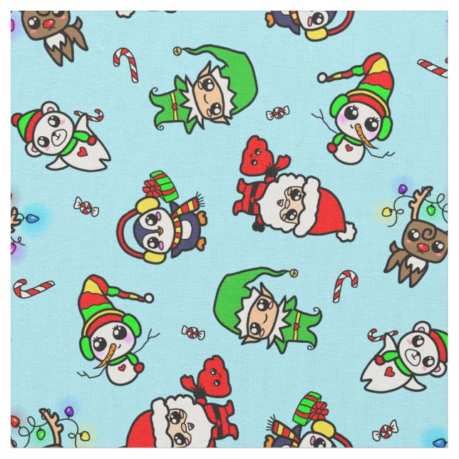 Sweet Kawaii Christmas Character pattern Fabric (Close Up)
