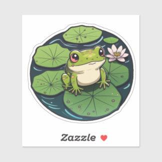 Sweet Kawaii Frog on Lily Pad Sticker, Cute Frog