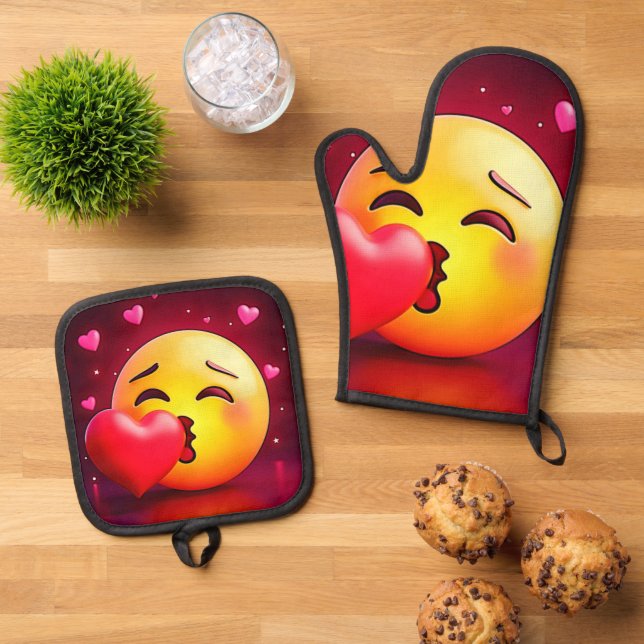 Sweet Kiss Heart Emoji Oven Mitt & Pot Holder Set (Top Down)