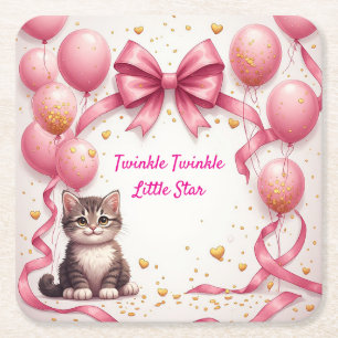 Sweet Kitten Baby Shower Party 🎀 Square Paper Coaster