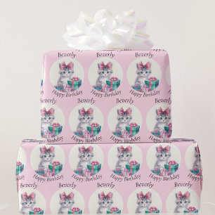 Sweet Kitten Big Pink Bow Add Birthday Name Wrapping Paper