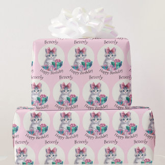Sweet Kitten Big Pink Bow Add Birthday Name Wrapping Paper