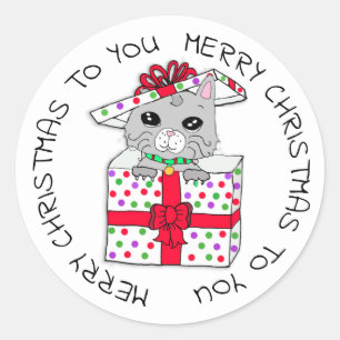 Sweet Kitten in Christmas Gift Box Classic Round Sticker
