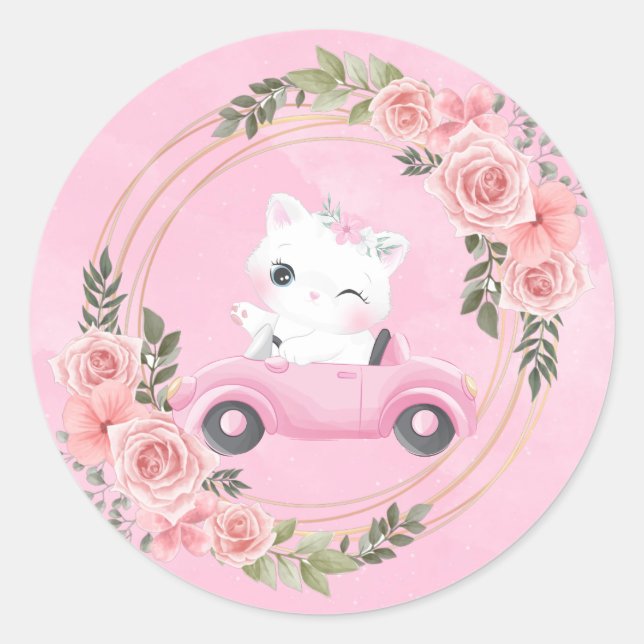 Sweet Kitten Pink Vintage Car Baby Shower  Classic Round Sticker (Front)