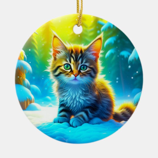 Sweet Kitten Playing in the Snow Personalised Ceramic Tree Decoration (Front)