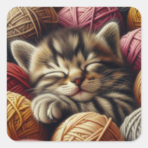 Sweet Kitten Sleeping in Yarn Adorable Square Sticker
