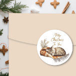Sweet Kitten Sleeping on Warm Blanket Christmas Classic Round Sticker<br><div class="desc">Sleepy kitten napping on a rust coloured farmhouse quilt personalised Christmas stickers.</div>