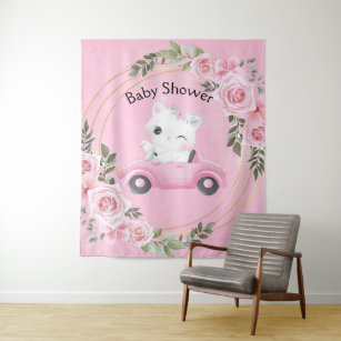 Sweet Kitten Vintage Car Pink Baby Shower Backdrop Tapestry