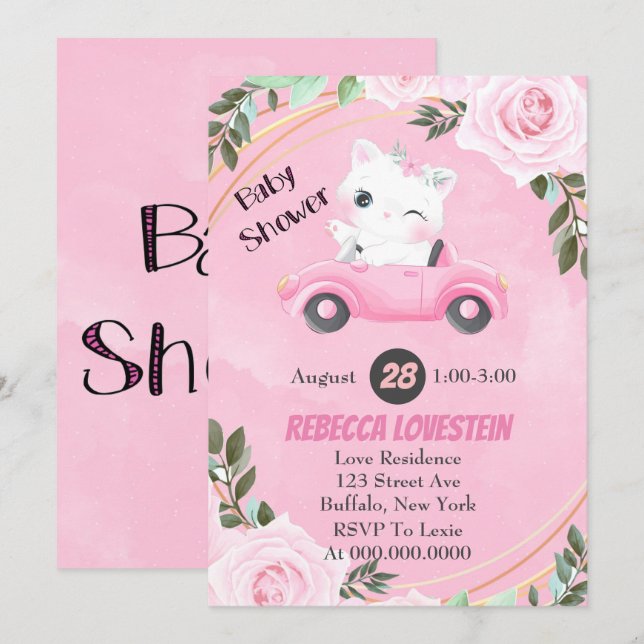 Sweet Kitten Vintage Pink Car Girl Baby Shower (Front/Back)