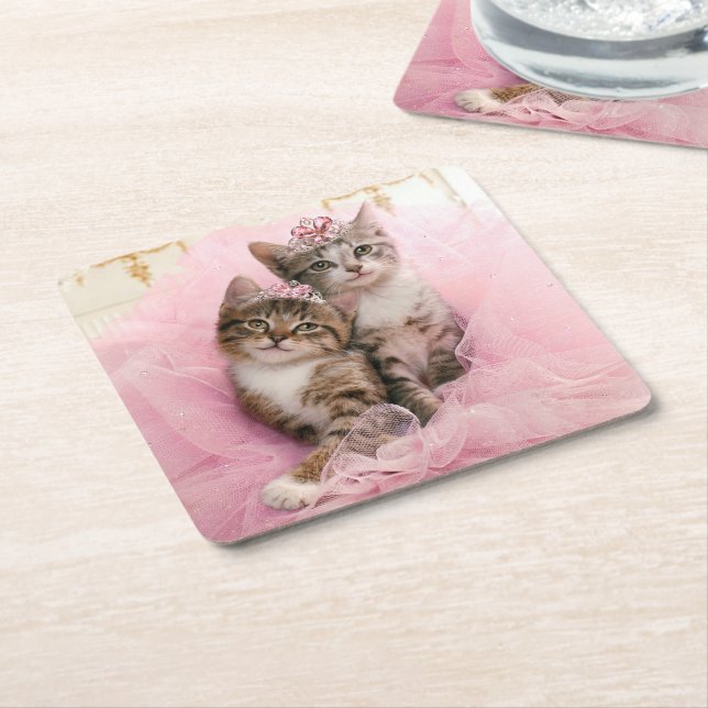 Sweet Kittens in Tiaras and Pink Sparkly Tutu Square Paper Coaster (Angled)