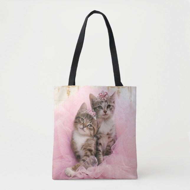 Sweet Kittens in Tiaras and Pink Sparkly Tutu Tote Bag (Front)